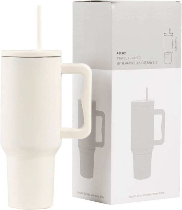 40 Oz Tumbler With Handle, Reusable Insulated Cup With Lid And Straw, Stainless Steel Water Bottle, Travel Mug For Cold And Hot (White)_maomaolike.com