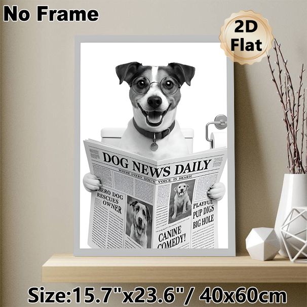 Dog Reading Newspaper Painting Poster, Monochrome Whimsical Dog With Glasses On Toilet Poster, Playful Humorous Decor Ideal For Bathroom, Living Room_maomaolike.com
