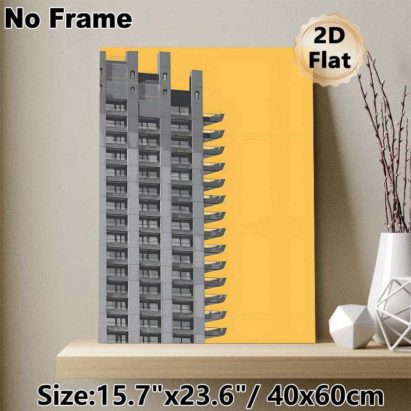 Brutalist Architecture Painting Poster, Minimalist Gray High-rise Against Warm Yellow Backdrop Poster, Sleek Geometric Design For Office & Living Room_maomaolike.com