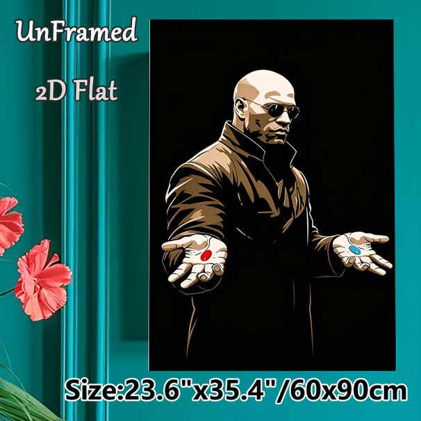 Bald Man With Sunglasses Holding Red & Blue Pill Painting Poster, Bold Graphic Illustration Poster, Iconic Cinematic-inspired Design, Ideal For Home_maomaolike.com