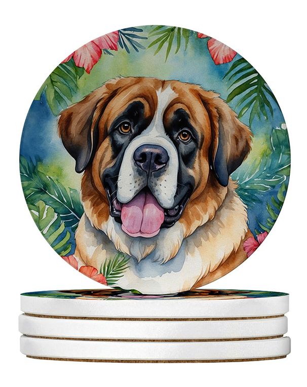 Saint Bernard Luau Large Sandstone Coasters Pack Of 4 Absorbent Round Coasters Decor Gifts For Men Or Women, 4 In, Multicolor_maomaolike.com