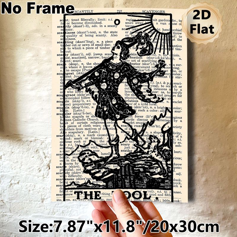 The Fool Tarot Card Painting Poster, Vintage Dictionary Page Style Poster, Black Line Art Tarot Figure With Sun Detail, Ideal For Home, Office And_maomaolike.com