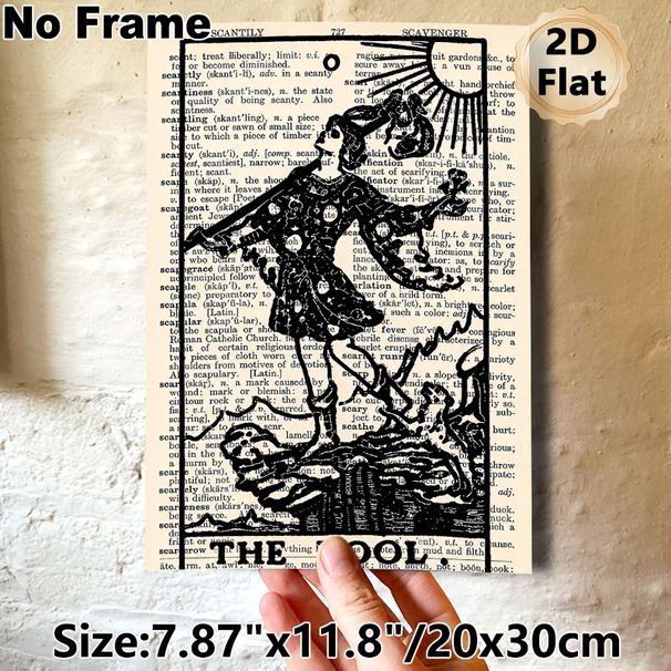 The Fool Tarot Card Painting Poster, Vintage Dictionary Page Style Poster, Black Line Art Tarot Figure With Sun Detail, Ideal For Home, Office And_maomaolike.com