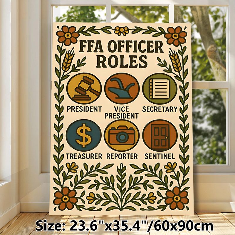 FFA Officer Roles Painting Poster, Warm-toned Vintage Folk Art Poster, Clear Role Icon & Title Display For Organizational Guidance, Ideal For_maomaolike.com