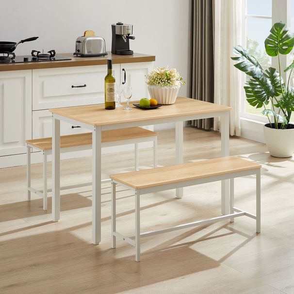 Industrial Dining Table Set With 2 Benches, Kitchen Counter Table For Breakfast, Living Room & Party Room, Natural & White, 43.3"L X 23.6"W X 29.9"H_maomaolike.com