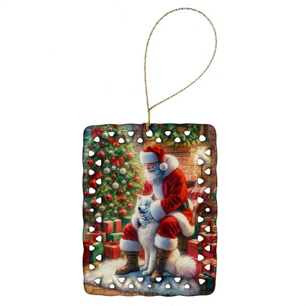 Samoyed And Santa Claus Porcelain Ornament Christmas Tree Hanging Decorations For Home Christmas Holiday, Rectangle, Gift, Multicolor_maomaolike.com