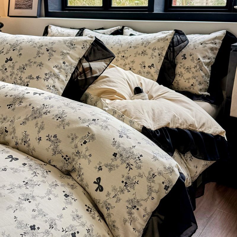 French Retro All-Cotton Set Four-Piece Pure Cotton Princess Lace Light Luxury Bedding Duvet Cover Bed Fitted Sheet_maomaolike.com