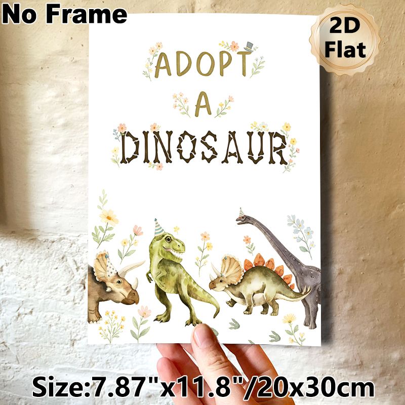 Adopt A Dinosaur Themed Painting Poster, Soft Watercolor Style Cute Party Dinosaurs With Floral Decor Poster, Charming Playful Design Ideal For Party_maomaolike.com