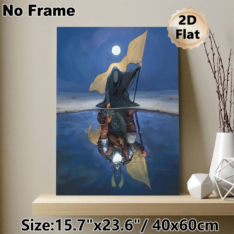 Mysterious Hooded Figure & Knight Reflection Painting Poster, Dark Fantasy Moonlit Waterscape Poster, Evocative Symbolic Artwork Ideal For Bedroom_maomaolike.com