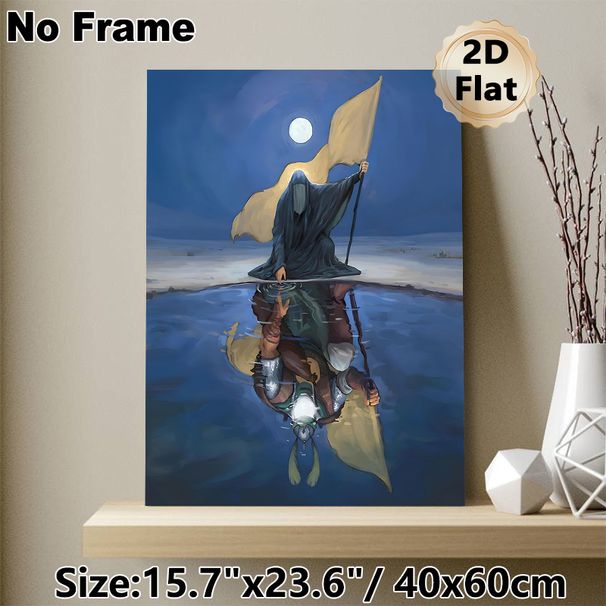 Mysterious Hooded Figure & Knight Reflection Painting Poster, Dark Fantasy Moonlit Waterscape Poster, Evocative Symbolic Artwork Ideal For Bedroom_maomaolike.com