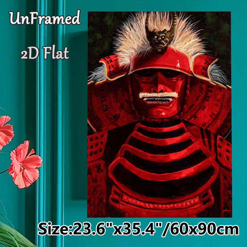 Samurai Themed Painting Poster, Vivid Dark-toned Red Armored Samurai Portrait Poster, Striking Cultural Artwork Ideal For Home Office, Living Room_maomaolike.com