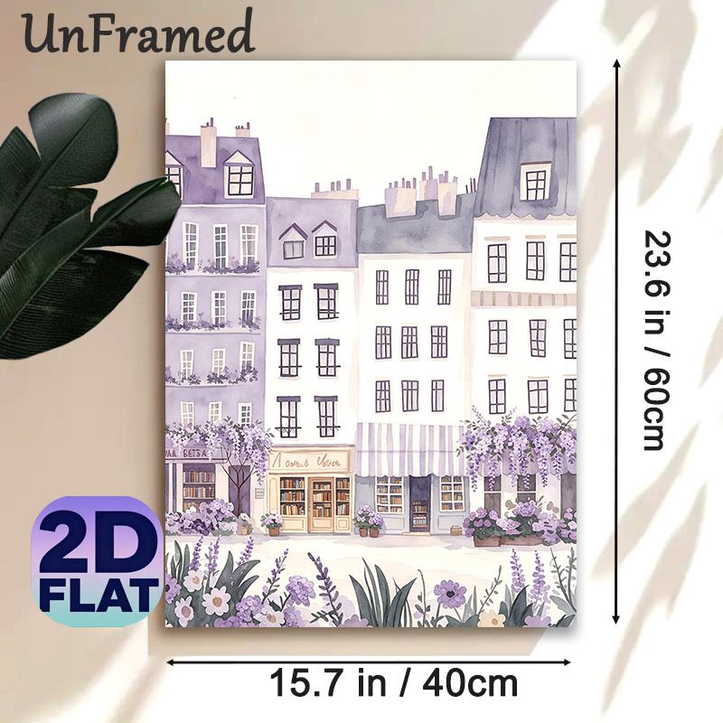 European Town Bookstore Scene Painting Poster, Soft Watercolor Pastel Purple Street Buildings & Florals Poster, Warm Tranquil Decor Ideal For Living_maomaolike.com