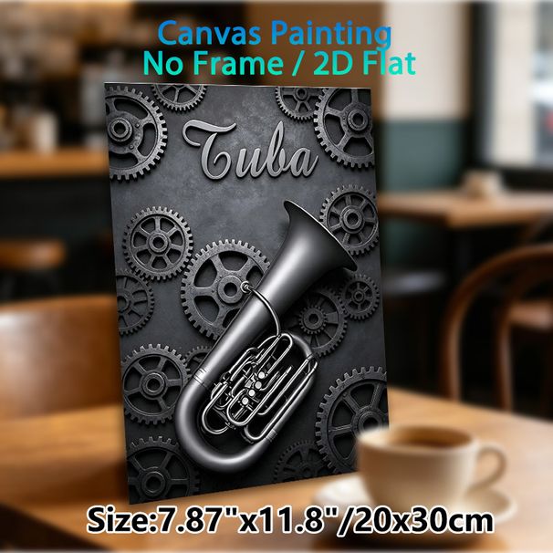 Tuba Themed Painting Poster, Vintage Industrial Style Poster, Sleek Dark-toned Tuba With Rustic Gears, Elegant Music-inspired Decor Ideal For Music_maomaolike.com