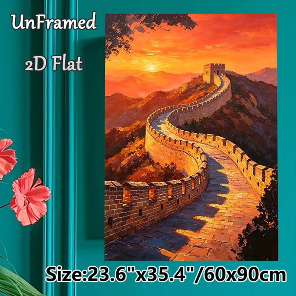 Great Wall Themed Painting Poster, Vibrant Sunset Oil-style Poster, Captivating Historic Mountain Scenery Ideal For Living Room, Office Wall Decor_maomaolike.com