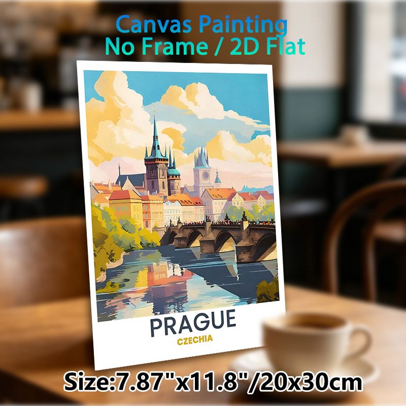 Prague Cityscape Painting Poster, Warm-toned Stylized Historic Riverside Scene Poster, Charming European Urban View Ideal For Living Room, Office Wall_maomaolike.com