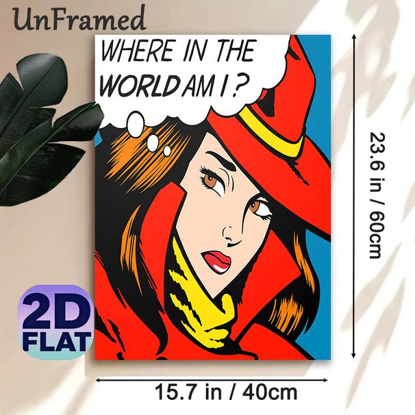 Pop Art Confused Lady Painting Poster, Bold Retro Comic Style Poster, Eye-catching Stylized Lady With "Where In The World Am I?" Thought Bubble, Ideal_maomaolike.com