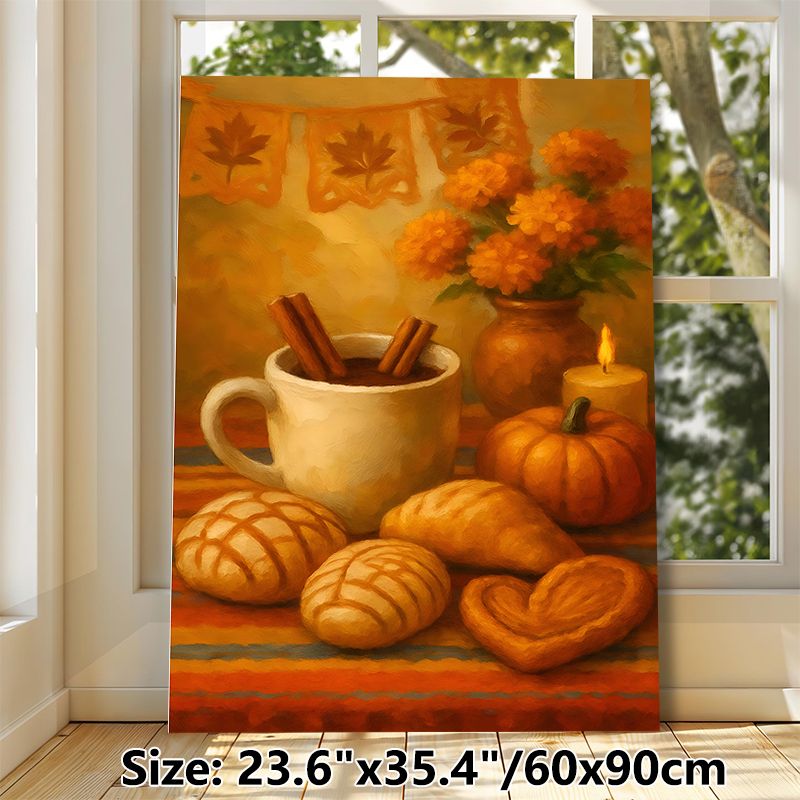 Autumn Still Life Painting Poster, Warm-toned Oil Painting Style Poster, Cozy Fall Scene With Mug, Pastries, Pumpkin And Marigolds, Inviting Decor For_maomaolike.com