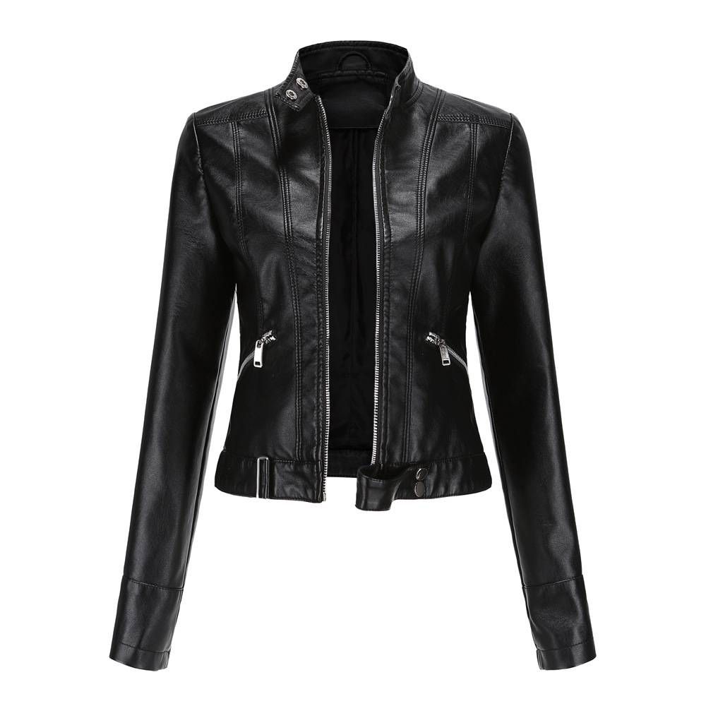 New-style leather jacket women's short jacket spring and autumn vertical collar women's leather jacket cross-border thin-style leather jacket_maomaolike.com