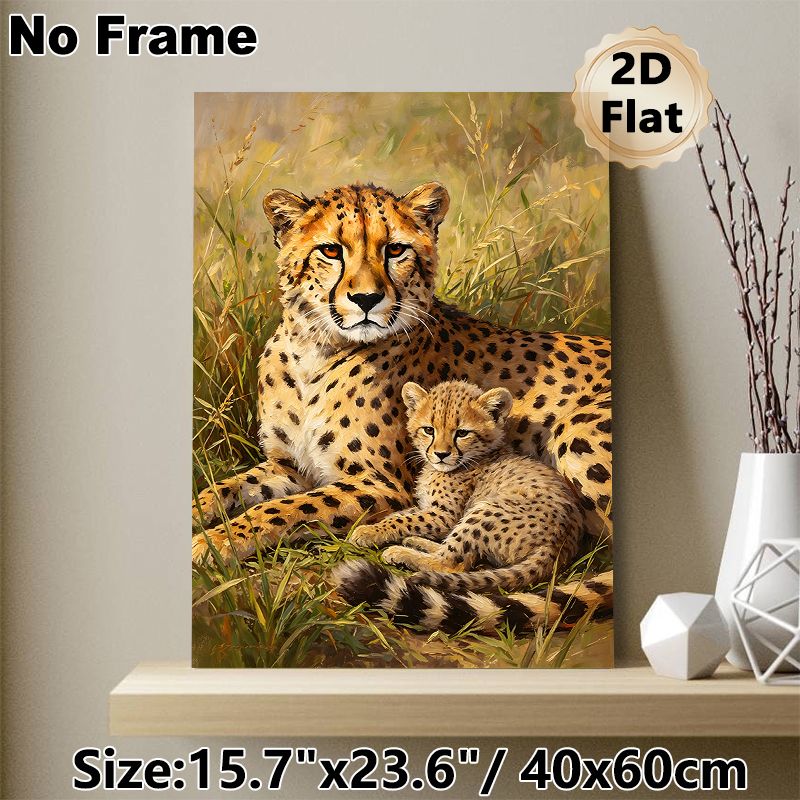 Cheetah Family Painting Poster, Realistic Oil Style Poster, Warm Scene Of Adult Cheetah With Cub In Savanna Grass, Elegant Animal Artwork For Living_maomaolike.com