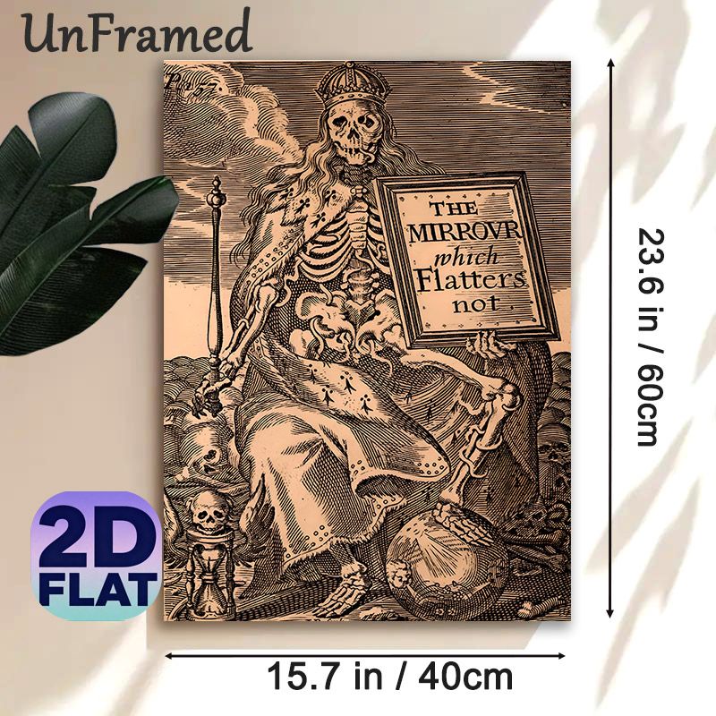 Skeleton Monarch Painting Poster, Vintage Monochrome Engraving Poster, Crowned Skeleton Holding Inscribed Sign, Distinctive Macabre Decor For_maomaolike.com