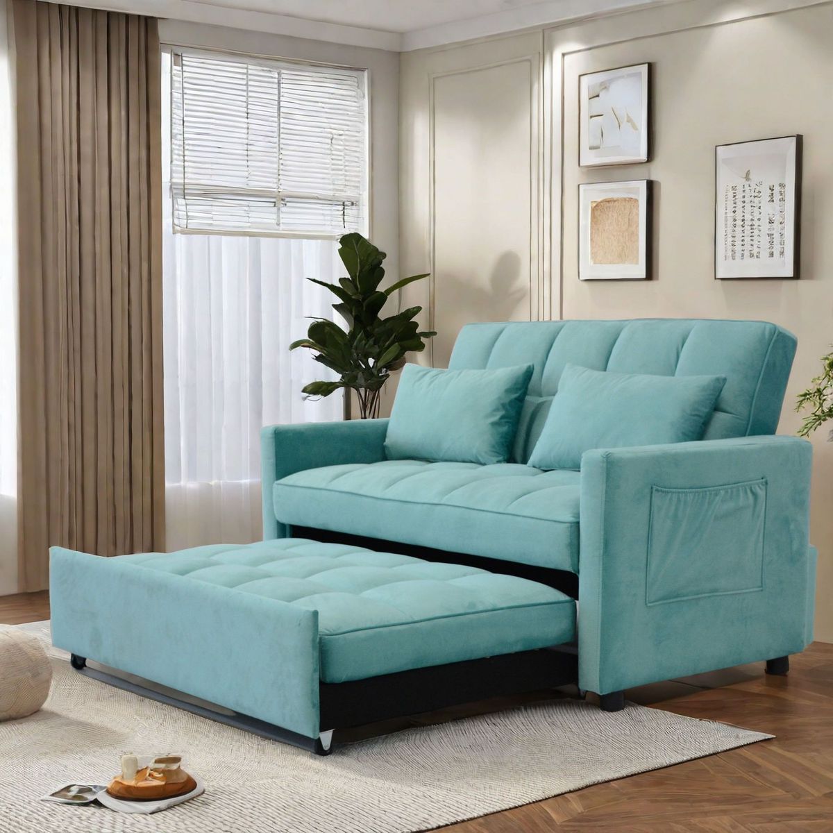 55.2" Velvet Two Seater Pull Out Sofa Bed, Adjustable Backrest With Two Side Pockets, 3 In 1 Convertible Living Room Sleeper Sofa Bed_maomaolike.com