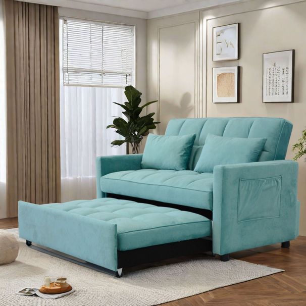 55.2" Velvet Two Seater Pull Out Sofa Bed, Adjustable Backrest With Two Side Pockets, 3 In 1 Convertible Living Room Sleeper Sofa Bed_maomaolike.com