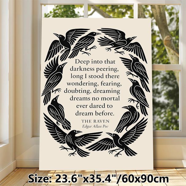 Raven Themed Literary Quote Painting Poster, Monochrome Black Raven Wreath Poster, Classic Poetry-inspired Wall Decor Suitable For Study, Living Room_maomaolike.com