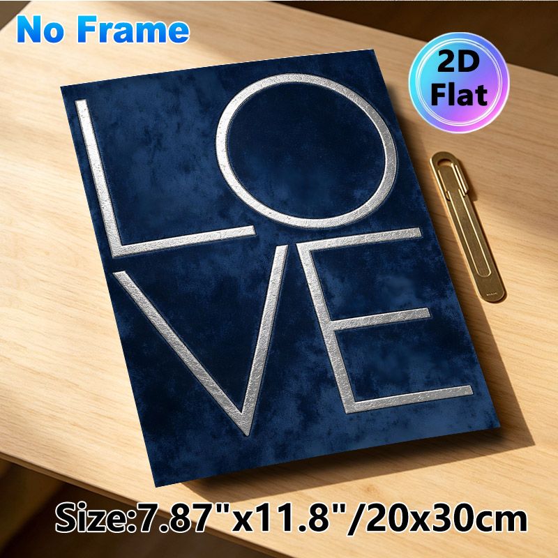 Love Themed Painting Poster, Dark Blue Textured With Crackled Metallic Silver Typography Poster, Sleek Minimalist Design, Ideal For Bedroom, Living_maomaolike.com