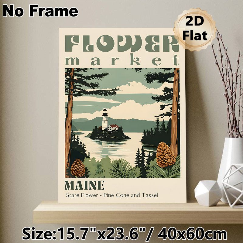 Maine Flower Market Lighthouse & Pine Cone Painting Poster, Vintage Minimalist Coastal Scenery Poster, Serene Nature-inspired Decor Ideal For Living_maomaolike.com
