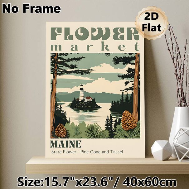 Maine Flower Market Lighthouse & Pine Cone Painting Poster, Vintage Minimalist Coastal Scenery Poster, Serene Nature-inspired Decor Ideal For Living_maomaolike.com