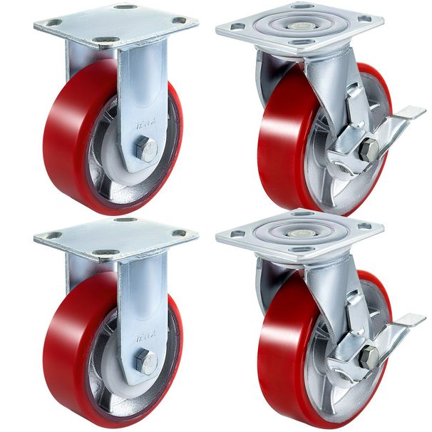 VEVOR 4 Pack 6 X 2 Inch Caster Wheels 2 Rigid And 2 Swivel Casters With Side Brake Polyurethane Iron Core Plate 1000LBS Capacity Per Wheel_maomaolike.com