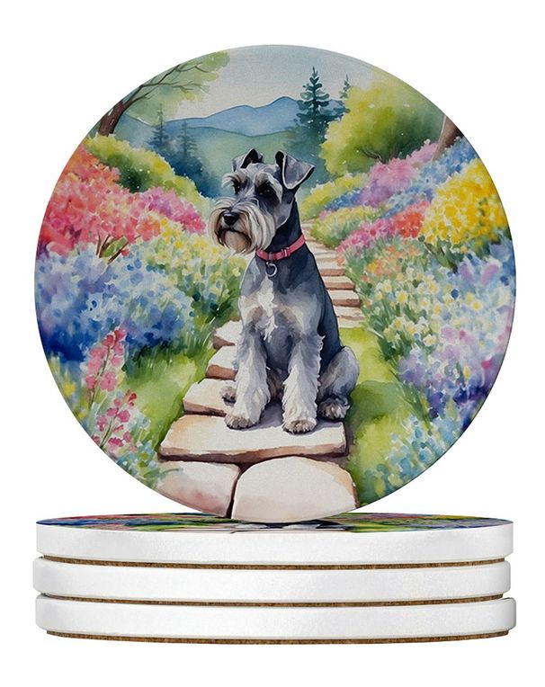 Schnauzer Spring Path Large Sandstone Coasters Pack Of 4 Absorbent Round Coasters Decor Gifts For Men Or Women, 4 In, Multicolor_maomaolike.com