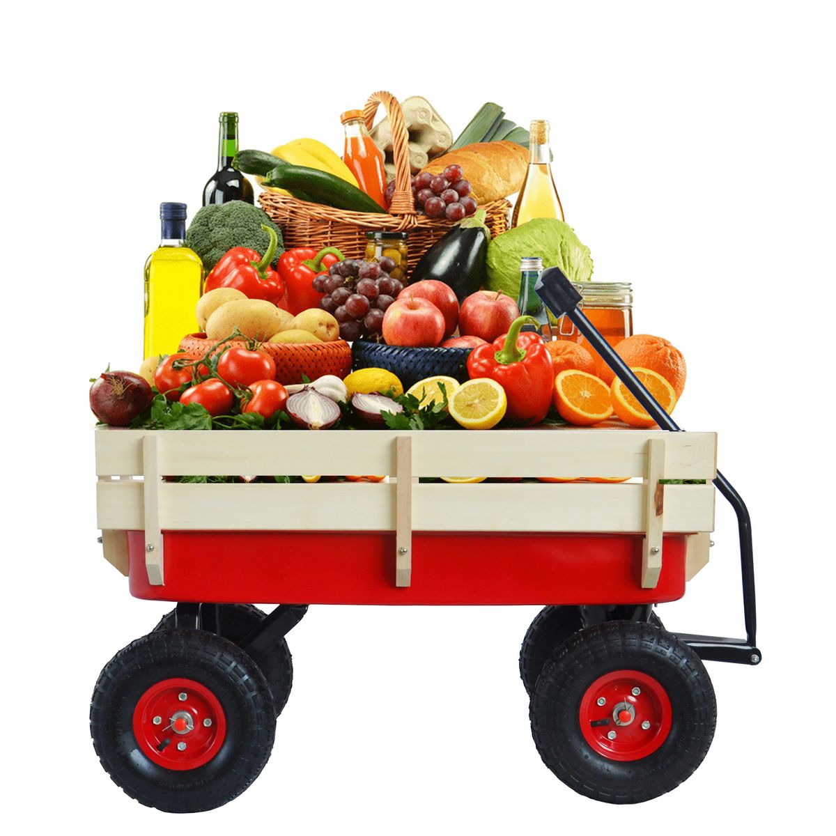 outdoor Sport Wagon Tools Cart Wooden Side Panels Air Tires Wagon (red)_maomaolike.com