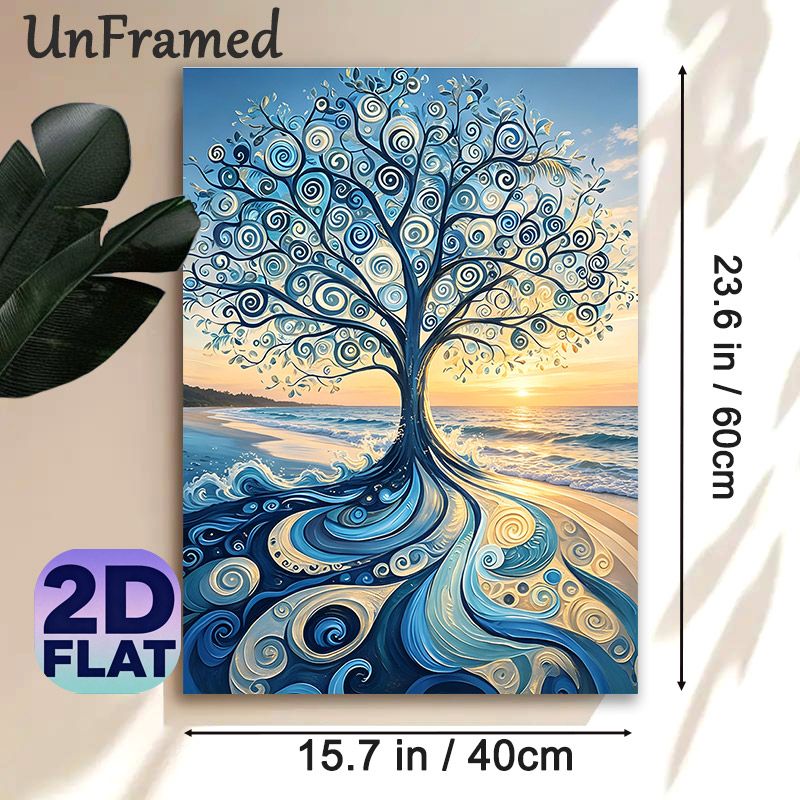 Beach Swirl Tree Painting Poster, Vibrant Swirly Artistic Tree With Sunset Beach Scene Poster, Eye-catching Decorative Piece Ideal For Living Room_maomaolike.com