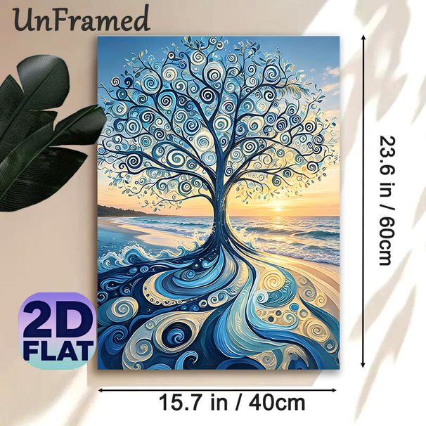 Beach Swirl Tree Painting Poster, Vibrant Swirly Artistic Tree With Sunset Beach Scene Poster, Eye-catching Decorative Piece Ideal For Living Room_maomaolike.com