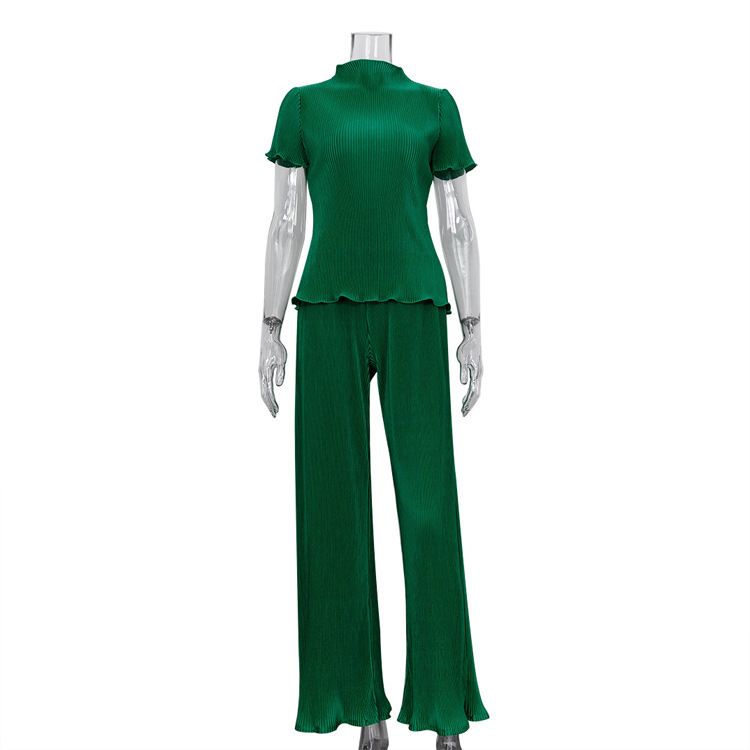 Women's Clothing slim T-shirt high waist blue pleated mopping pants casual _maomaolike.com