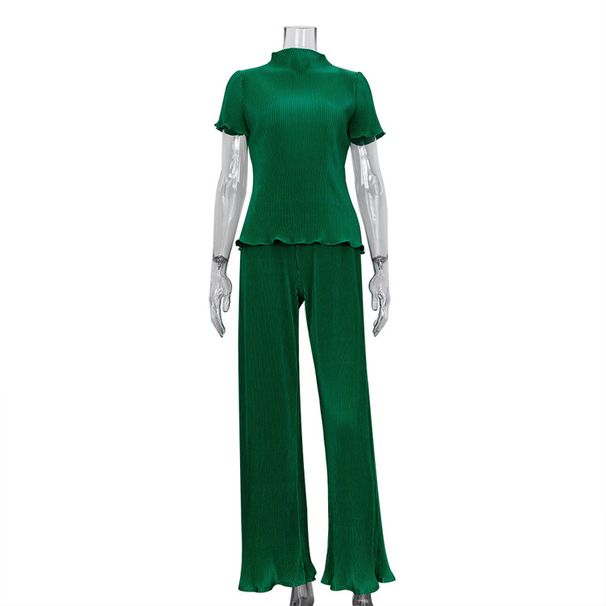 Women's Clothing slim T-shirt high waist blue pleated mopping pants casual _maomaolike.com