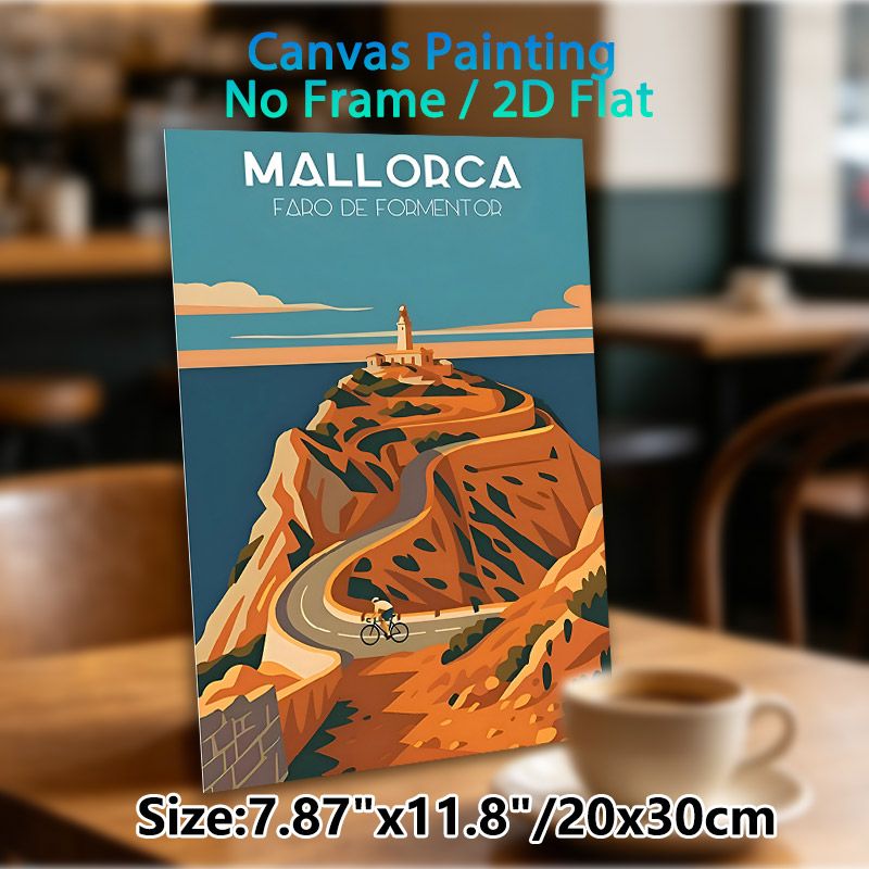 Mallorca Faro De Formentor Travel Painting Poster, Vintage Flat-style Coastal Lighthouse & Winding Road With Cyclist Poster, Charming Travel-themed_maomaolike.com