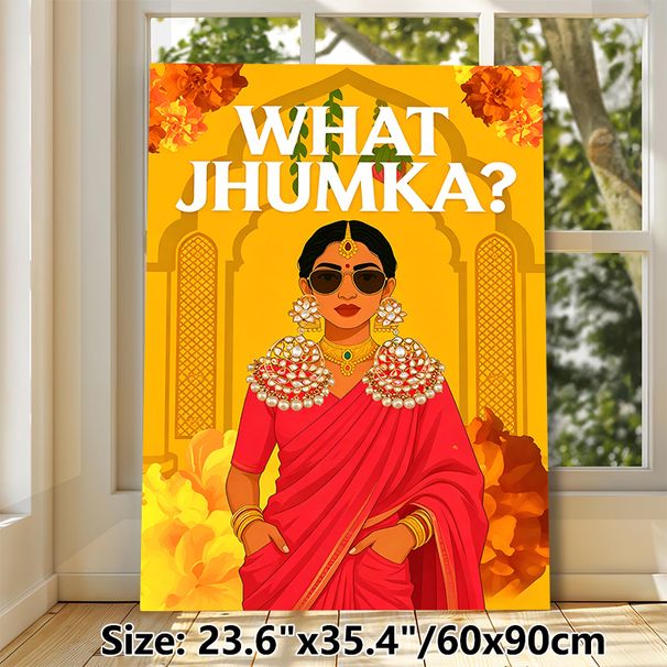 Indian Jhumka Themed Painting Poster, Bold Vibrant Cartoon Style Poster, Stylish Figure In Red Sari With Ornate Jhumkas, Warm Marigold & Arch_maomaolike.com