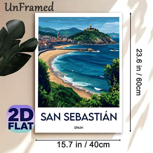 San Sebastián Coastal City Travel Landscape Painting Poster, Vibrant Stylized Seaside Cityscape With Curving Beach & Hillside Fortress Poster_maomaolike.com