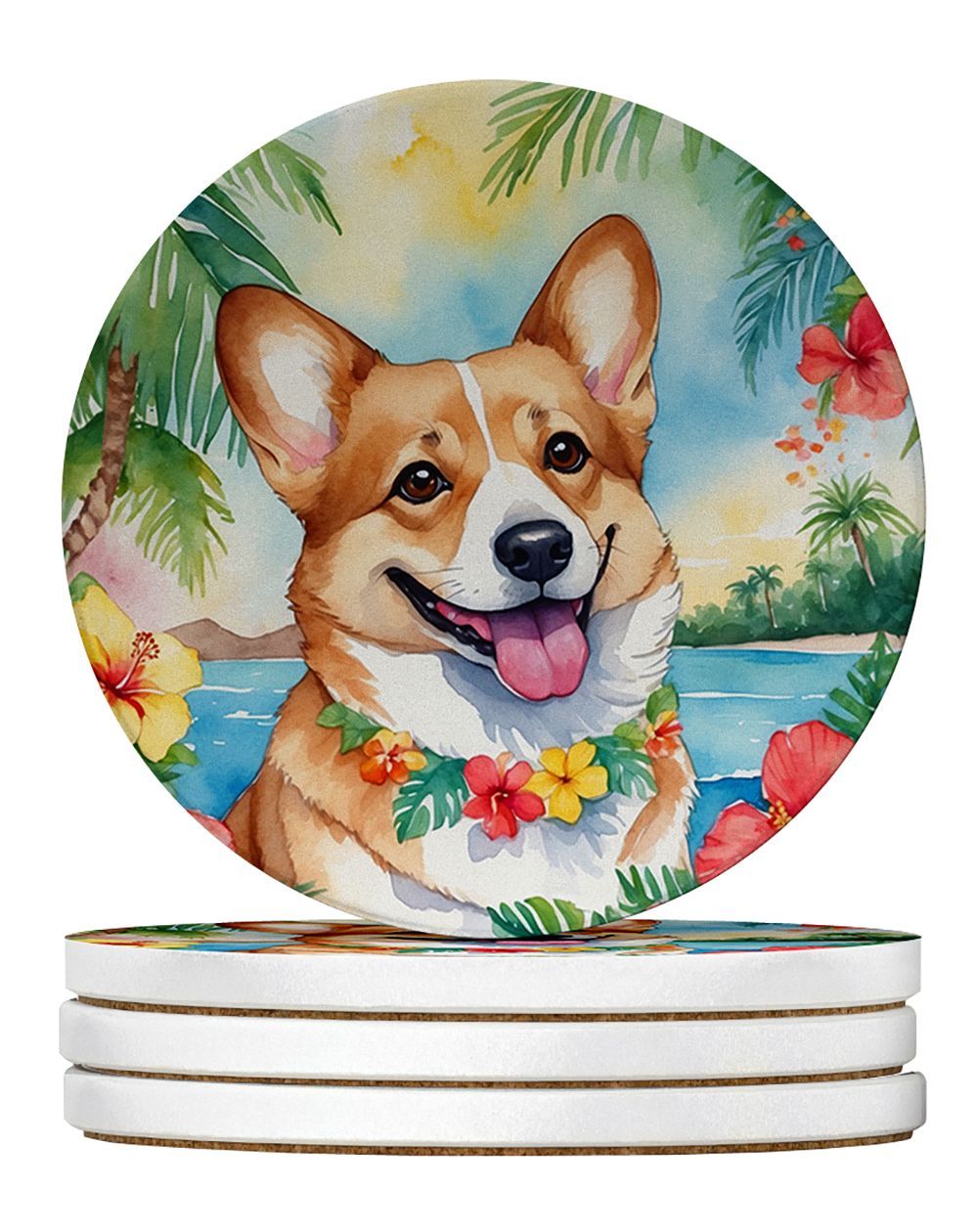 Corgi Luau Large Sandstone Coasters Pack Of 4 Absorbent Round Coasters Decor Gifts For Men Or Women, 4 In, Multicolor_maomaolike.com
