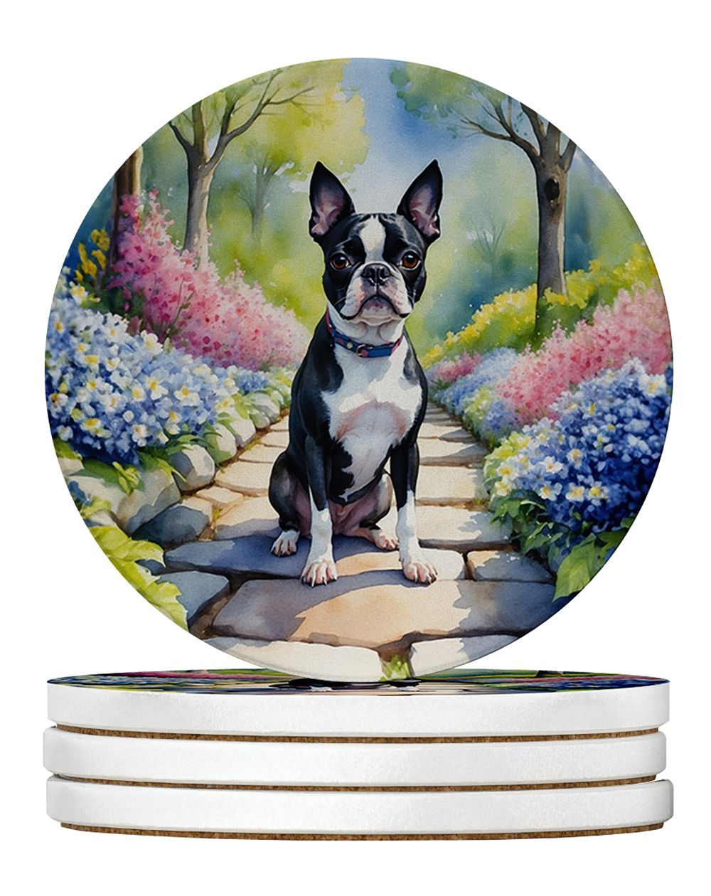 Boston Terrier Spring Path Large Sandstone Coasters Pack Of 4 Absorbent Round Coasters Decor Gifts For Men Or Women, 4 In, Multicolor_maomaolike.com