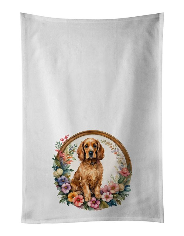 Cocker Spaniel And Flowers Kitchen Towel Set Of 2 White Dish Towels Decorative Bathroom Hand Towel For Hand, Face, Hair, Yoga, Tea, Dishcloth, 19 X 28", White_maomaolike.com