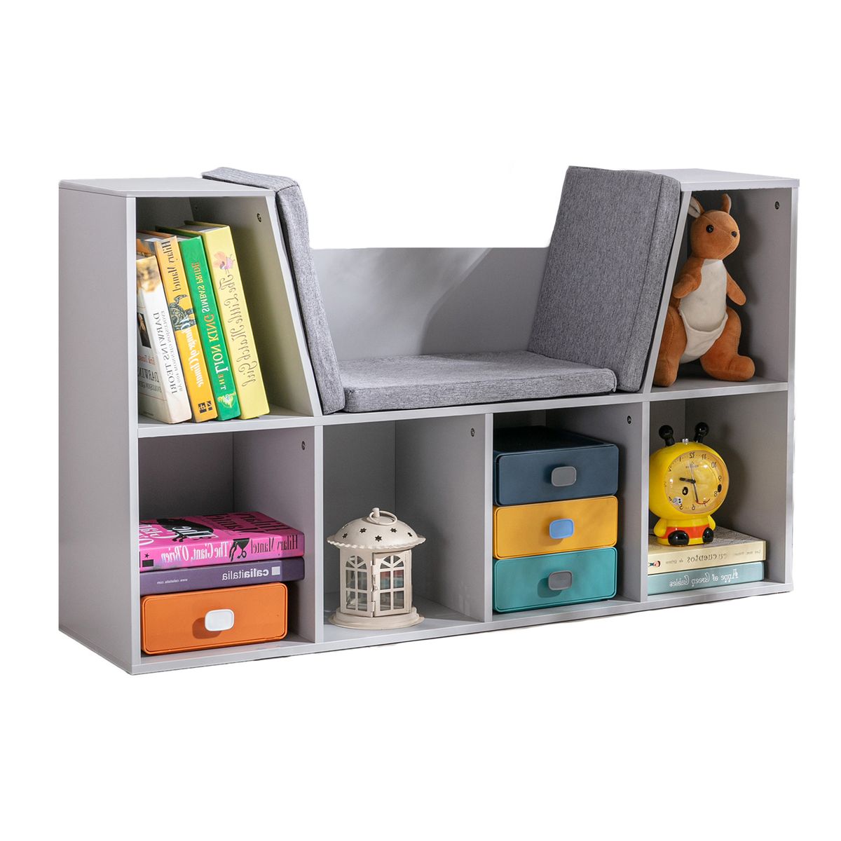 6-Cubby Kids Bookcase With Reading Nook And Cushion, Multi-Purpose Storage Organizer For Bedroom, Living Room, Grey_maomaolike.com