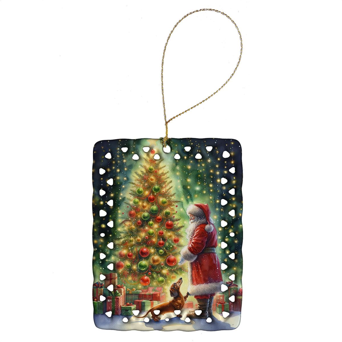 Dachshund And Santa Claus Porcelain Ornament Christmas Tree Hanging Decorations For Home Christmas Holiday, Rectangle, Gift, Multicolor_maomaolike.com