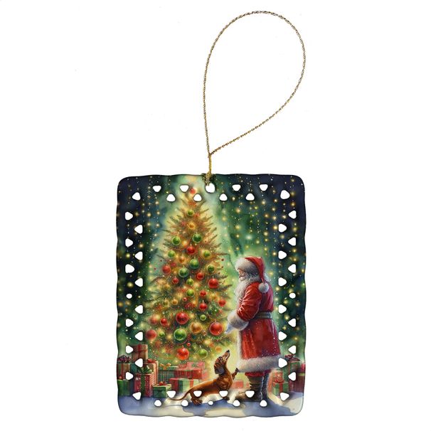 Dachshund And Santa Claus Porcelain Ornament Christmas Tree Hanging Decorations For Home Christmas Holiday, Rectangle, Gift, Multicolor_maomaolike.com