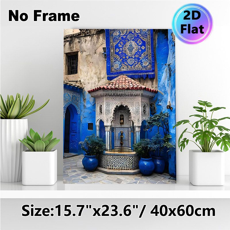 Moroccan Blue Courtyard Painting Poster, Vibrant Traditional Islamic Mosaic Style Poster, Brings Exotic Cultural Charm, Ideal For Living Room And_maomaolike.com