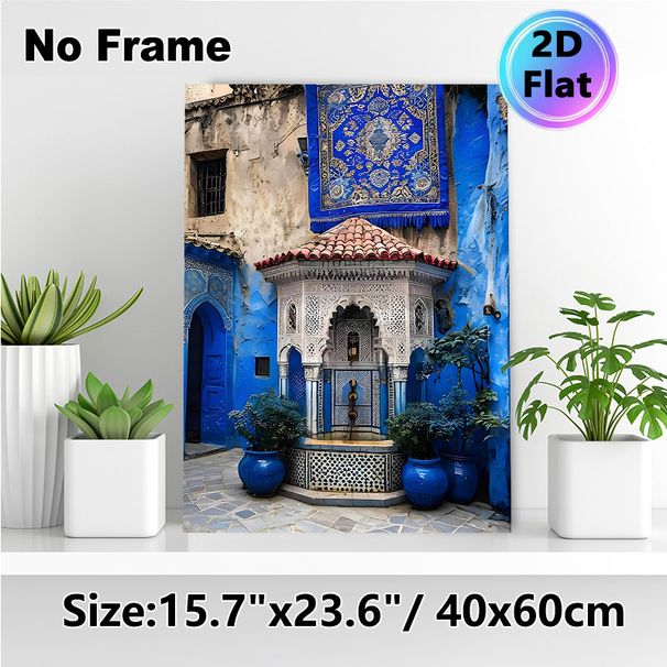 Moroccan Blue Courtyard Painting Poster, Vibrant Traditional Islamic Mosaic Style Poster, Brings Exotic Cultural Charm, Ideal For Living Room And_maomaolike.com