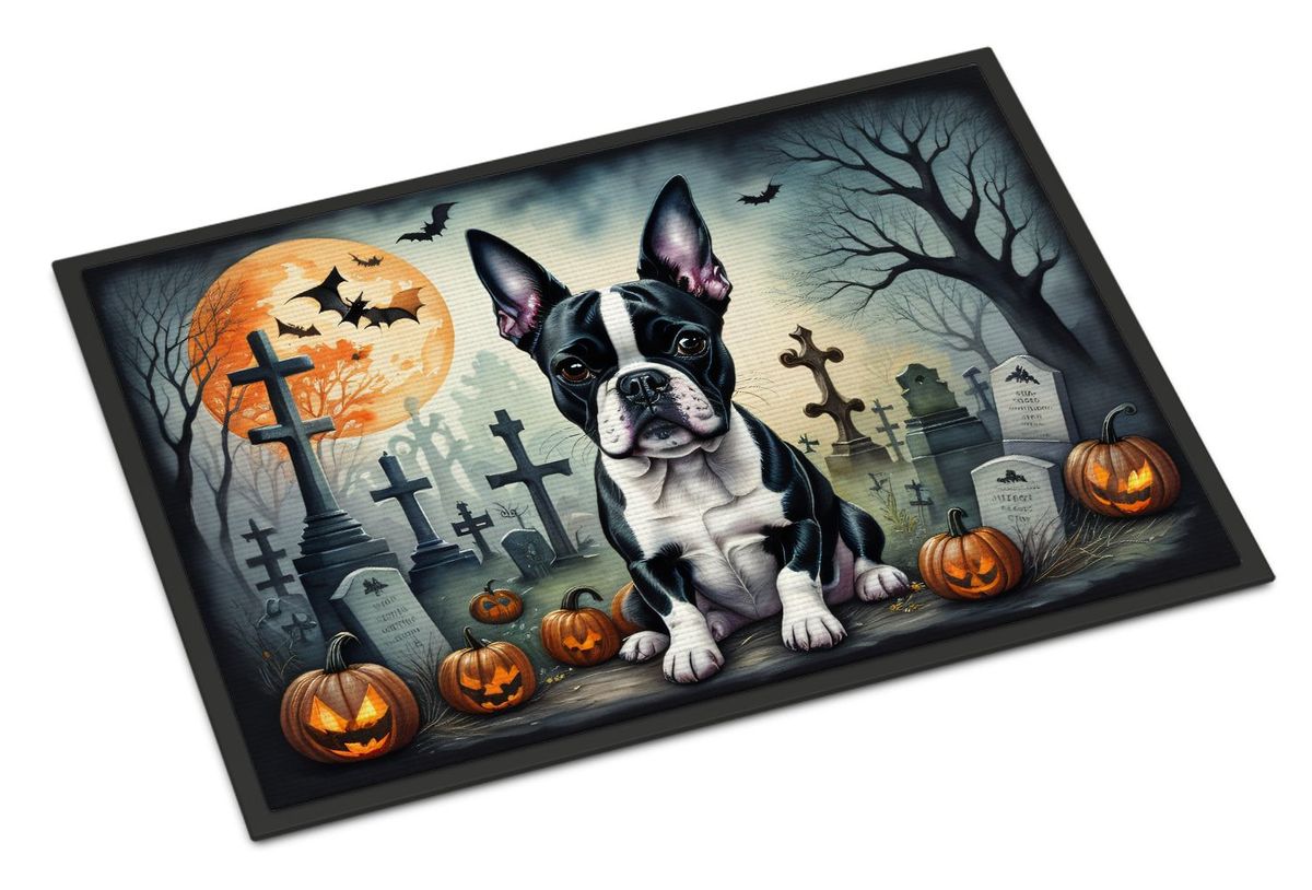 Boston Terrier Spooky Halloween Doormat Front Door Mat Indoor Outdoor Rugs For Entryway, Non Slip Washable Low Pile, 24H X 36W_maomaolike.com
