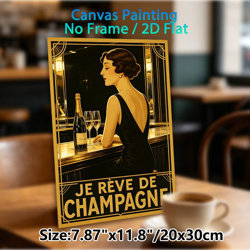 Champagne & Elegant Lady Painting Poster, Vintage Art Deco Style Luxurious Golden-toned Scene Poster, Stylish Retro Decor For Home Bar, Dining Room_maomaolike.com